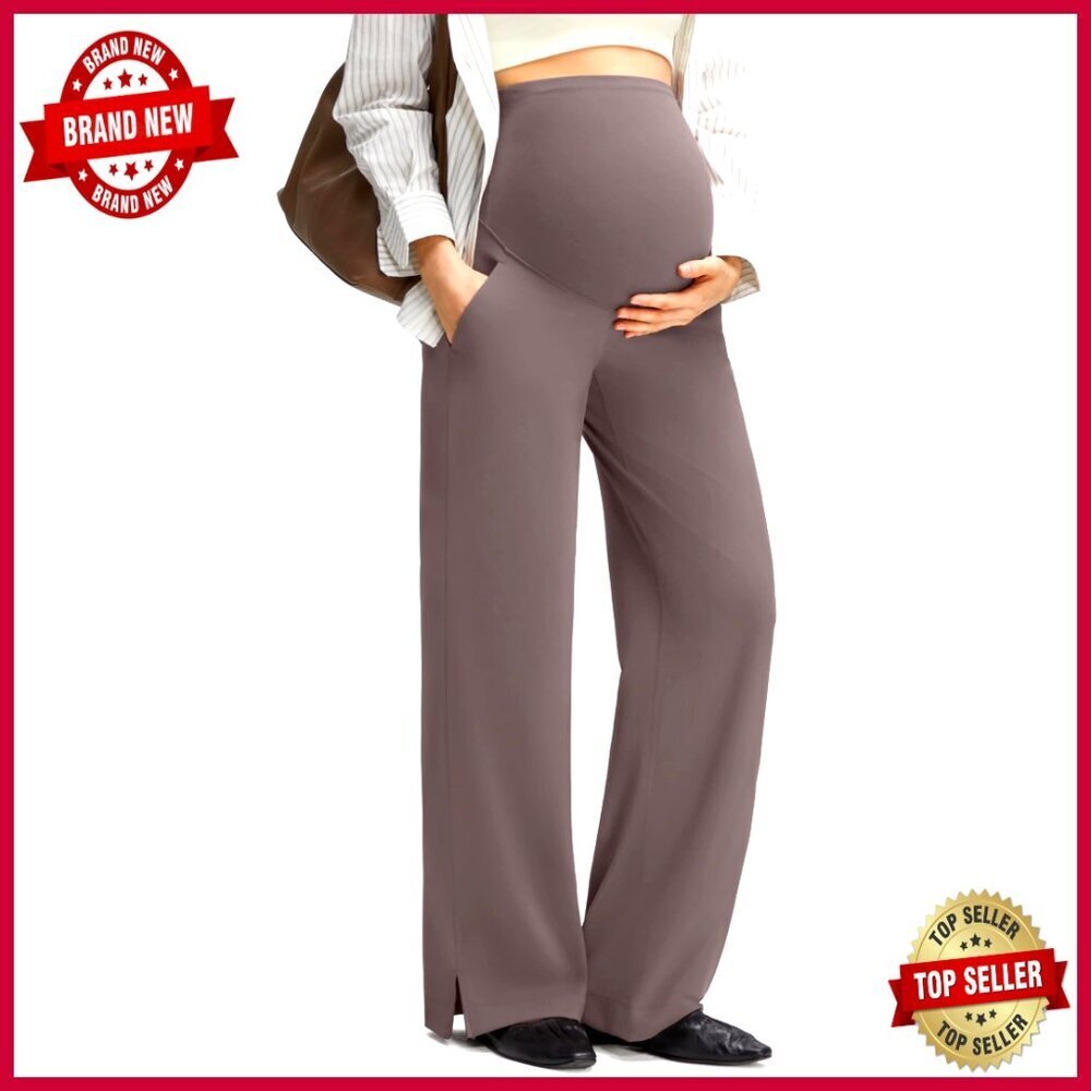 Maternity Work Pants Wide Leg Trousers with Pockets Over Belly
